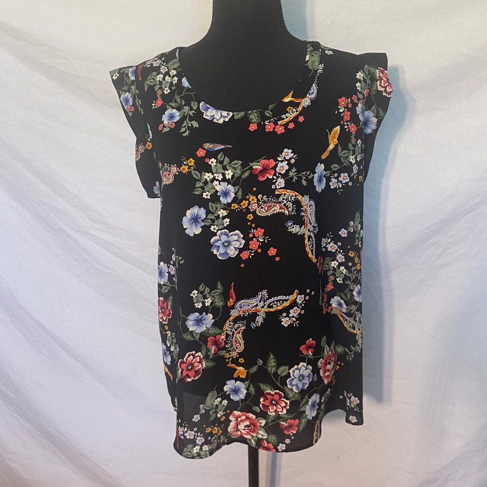 Pleione Womens Black Floral Paisley Bird Print Flutter Sleeve Blouse Medium